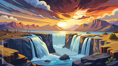 Stunning view of Godafoss Waterfall in Iceland at sunset, captured in long exposure. Beautiful cascading water, dramatic sky with warm colors, and breathtaking natural scenery, vector illustration