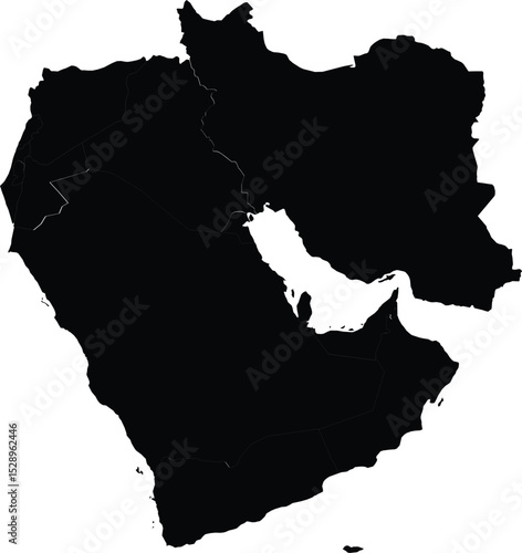 black silhouette map of middle east for design, travel illustration or geographic project