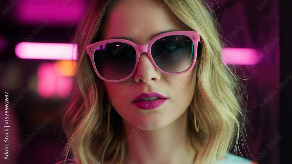 Portrait of a Blond Woman in Pink Sunglasses Under Neon Lights Portrait of a Blond Woman in Pink Sunglasses Under Neon Lights