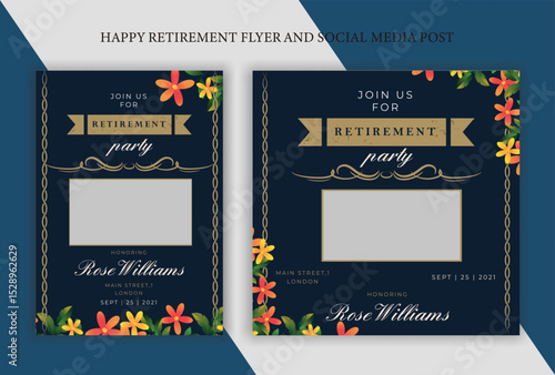 Set of retirement party invitation, square banner, instagram story and a4 poster, vector illustration Retirement Flyer Design Template. Retirement Party Invitation Layout, square banner, and a4 poster