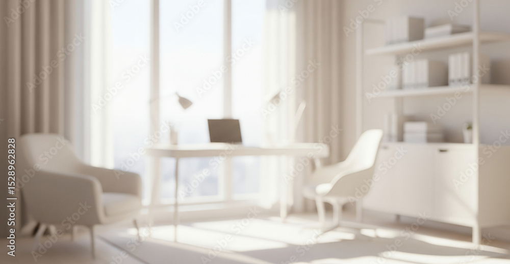 Bright white office space with desk chair laptop and shelving unit. Bright white office space with desk chair laptop and shelving unit.