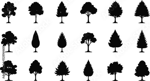 Collection of diverse tree silhouettes featuring deciduous and coniferous shapes against white.