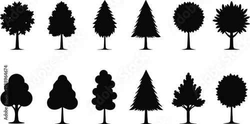 Diverse Collection of Black Tree Silhouettes Isolated on White Background, Forest and Park Elements.