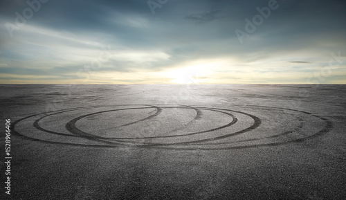 Sunset asphalt road platform with tire marks.