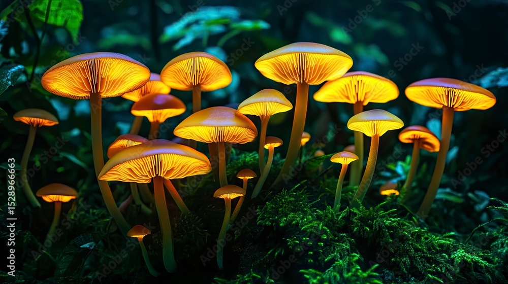 Fototapeta premium Glow-in-the-dark mushrooms in a lush forest