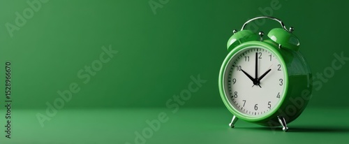 The green alarm clock on a vibrant green background representing timelessness.