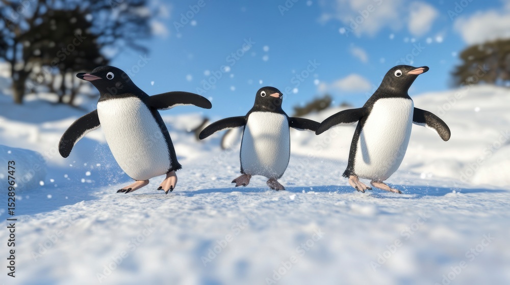 Obraz premium Three adorable penguins waddle playfully across a snowy landscape under a bright blue sky.