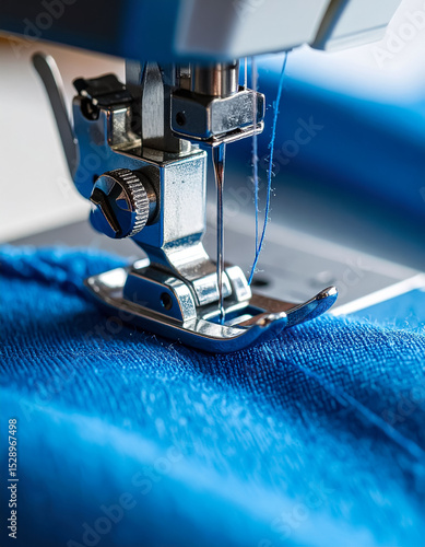 Sewing Machine Needle Stitching Blue Fabric with Thread