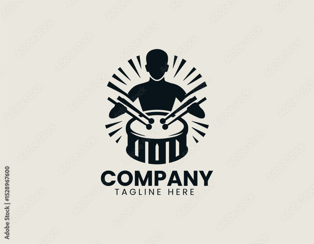 Fototapeta premium Dynamic Drum Silhouette Struck by Two Sticks Rhythmic Music Vector Logo Design