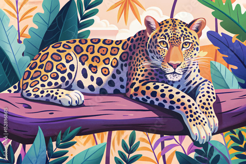 Vector illustration of a leopard resting gracefully on a jungle tree branch perfect for wildlife themes, rainforest design, exotic animals, and calm nature scenes