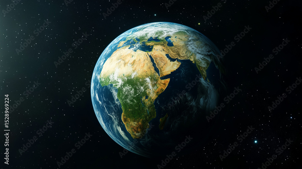 Obraz premium Stunning view of Earth from space showing Africa, Europe, and the Middle East, illuminated by sunlight—symbolizing global unity, environmental awareness, and the beauty of our shared planet
