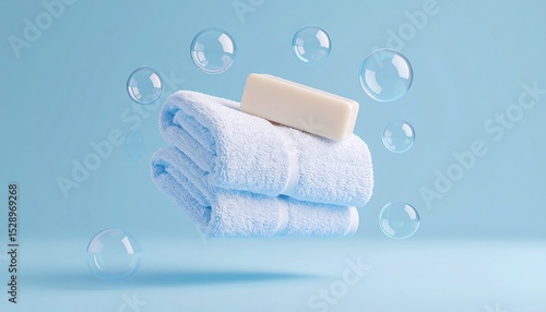 White towel with a bar of soap on top of it. The image has a light and airy feel to it