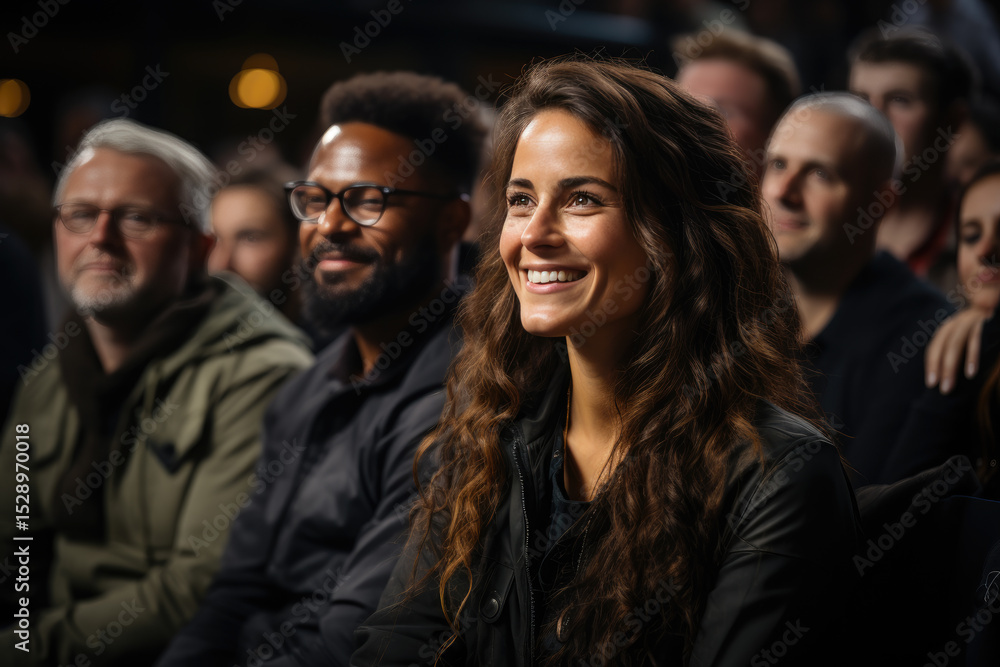 Obraz premium A diverse audience captivated by a live performance, showcasing smiles and expressions of joy, creating an electric atmosphere full of excitement and anticipation in the venue.