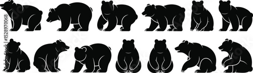 Diverse Bear Silhouettes: Standing, Sitting, and Walking Bear Figures, Perfect for Wildlife, Nature, Animal, and Outdoor-Themed Designs