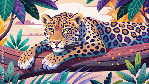 Vector illustration of a leopard resting gracefully on a jungle tree branch perfect for wildlife themes, rainforest design, exotic animals, and calm nature scenes