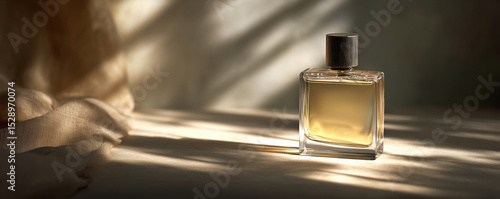 Minimalist perfume bottle elegantly placed on soft surface, illuminated by gentle light, creating serene and sophisticated atmosphere. shadows add depth and intrigue to scene
