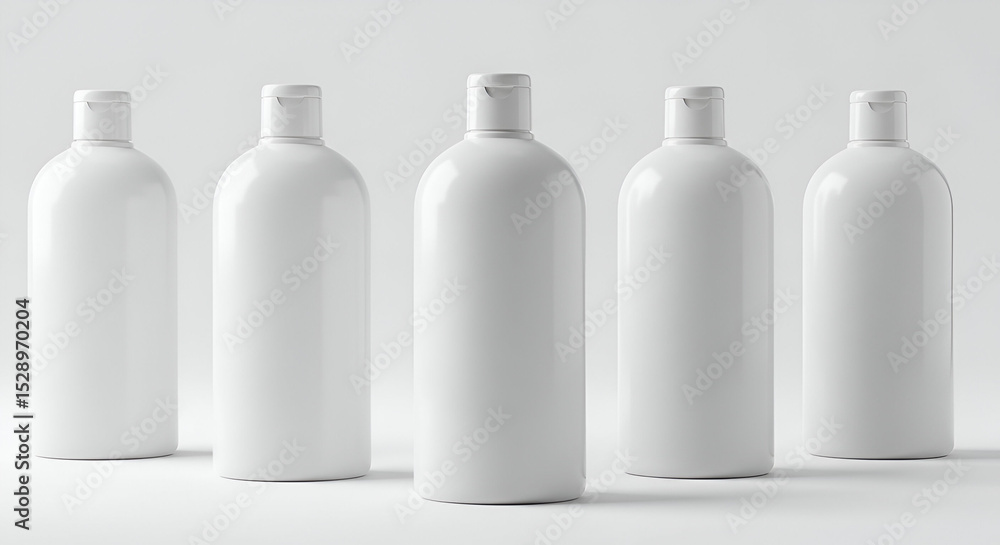 Four blank, white plastic bottles with caps, arranged in a studio setting. Empty containers ready for branding and product placement. Four blank, white plastic bottles with caps, arranged in a studio setting. Empty containers ready for branding and product placement.