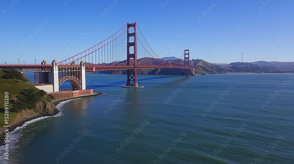Naklejka premium Golden Gate Bridge Stretching Over Calm Bay Waters on a Clear Blue Day