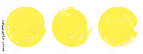 Round brush sun rough. Yellow grunge ink stamp. Abstract crayon design elements.