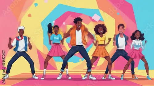 Group of Young People Dancing Together Joyfully Cartoon Style