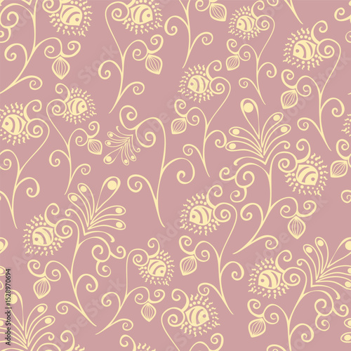 Wallpaper Mural An elegant vector pattern with swirling vines and stylized floral elements in beige on a soft mauve background. This seamless design evokes a vintage, ornamental feel Torontodigital.ca