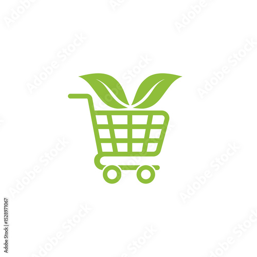 Shopping cart icon with leaves isolated on white background
