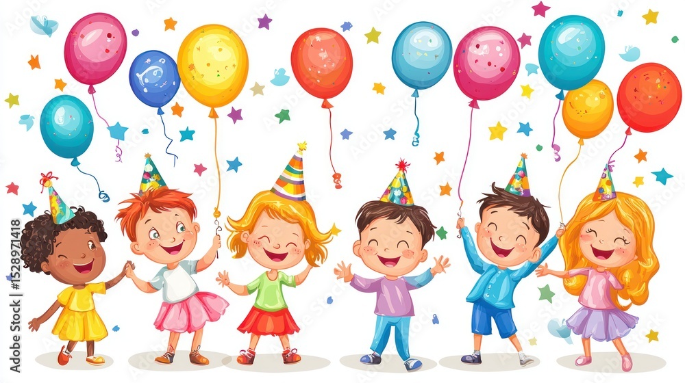 Children holding balloons and party hats, celebrating a birthday party. Children holding balloons and party hats, celebrating a birthday party.