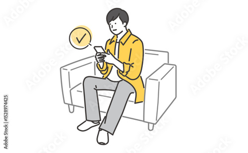ソファに座ってスマホを操作する若い男性のイラスト素材
