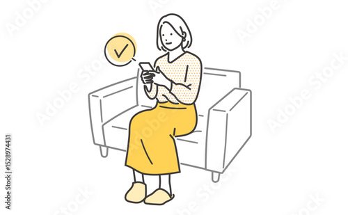 ソファに座ってスマホを操作する若い女性のイラスト素材
