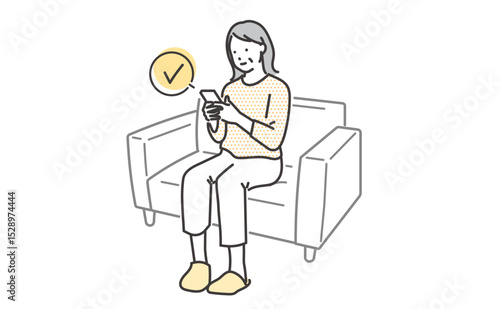 ソファに座ってスマホを操作するシニア女性のイラスト素材