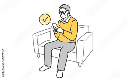 ソファに座ってスマホを操作するシニア男性のイラスト素材