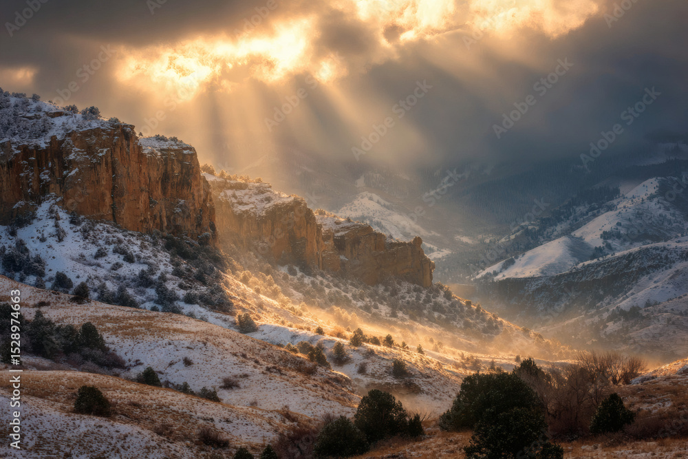Naklejka premium Golden sunrise rays illuminating snowy mountain cliffs