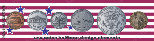 Vector set of US change coins. Design elements, halftone effect. Dot tokens. Sample collection. United States of America. Penny, nickel, dime, quarter, cents and dollar