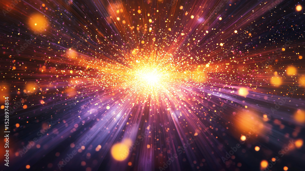 Fototapeta premium Central explosion of vivid light rays in orange, yellow, and purple tones against a dark background, showcasing intense energy and motion