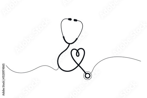Stethoscope and Heart Continuous Line Drawing for Medical Concept and Healthcare Design with a Minimalist and Elegant Style on White Background
