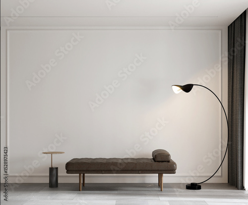 Fototapeta Naklejka Na Ścianę i Meble -  Mid century modern home and living  with luxury day bed decor mockup on white pattern wall background. 3d rendering