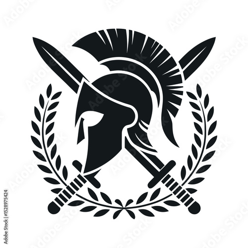 Spartan Helmet with Crossed Swords and Laurel Wreath Symbol of Strength Courage and Victory in Black and White Style