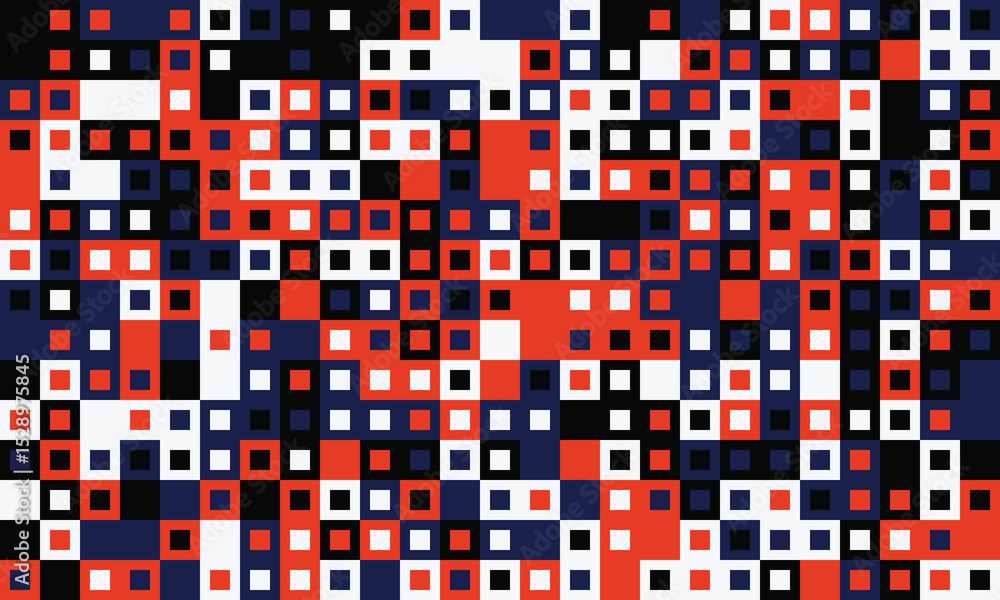 Fototapeta premium Abstract geometric pattern of red, white, black, and blue squares. A vibrant, modern design ideal for backgrounds, textiles, or tech presentations.