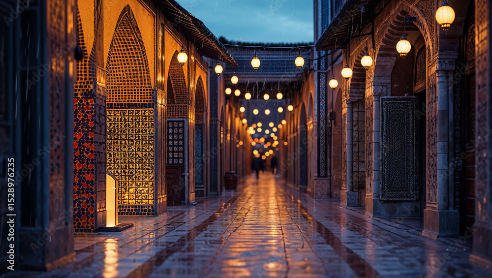 Obraz premium Evening view of an alleyway in the medina lit with warm globe lights and architecture.