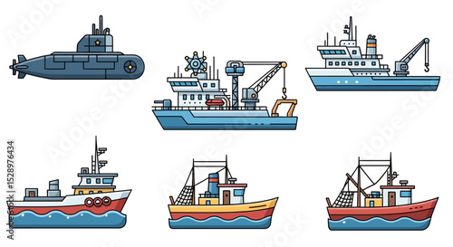 Collection of Various Marine Vessels and Ships Icons Set
