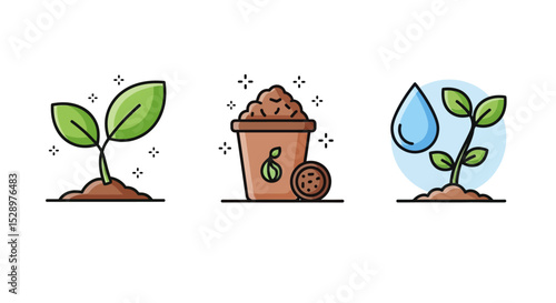 Organic Farming and Plant Cultivation Process Icons Set