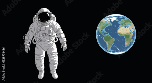 Astronaut in Spacesuit Floating in Deep Space with Earth