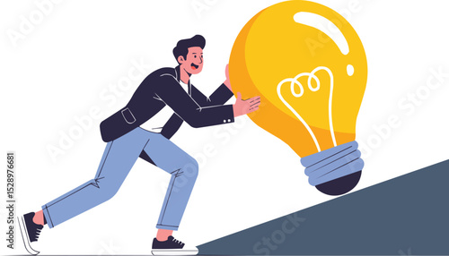 "Pushing Innovation: A determined individual struggles to ascend a steep slope, propelling a luminous lightbulb upward. This illustrates perseverance, creativity.