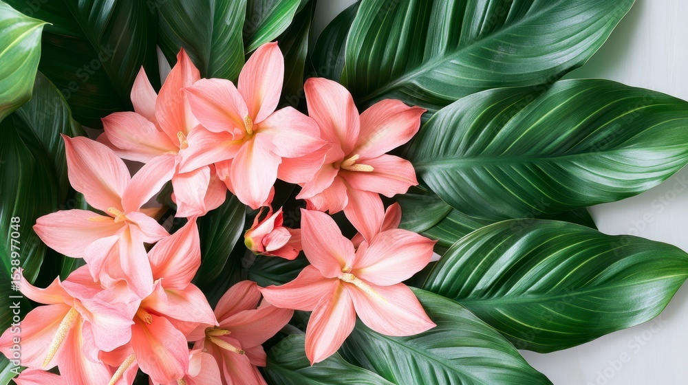 Obraz premium Coral flowers and tropical leaves on white background.