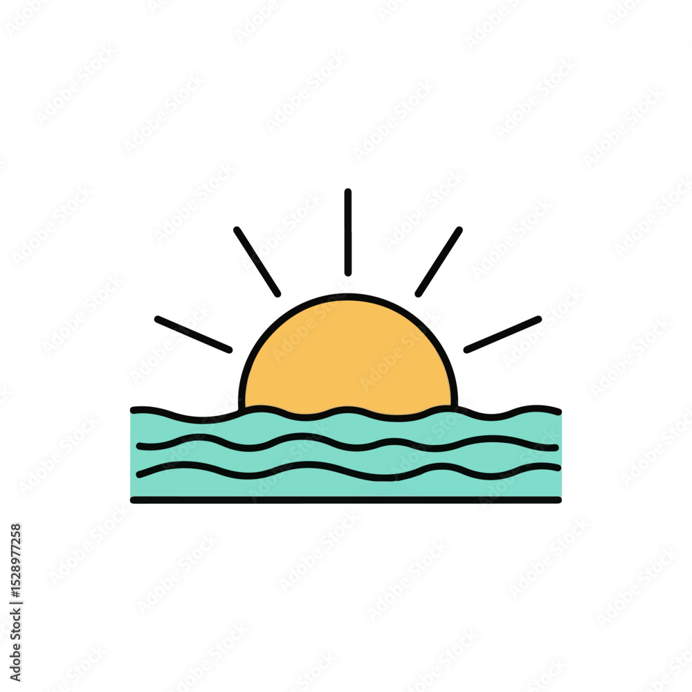 Fototapeta premium Sunset over Ocean Waves Minimalist Line Art Illustration