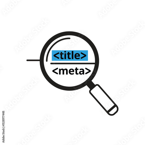 Magnifying glass focusing on title and meta tags in code