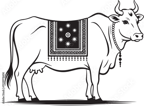 Indian sacred cow vector illustration with traditional decorative cloth and beads

