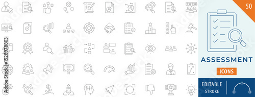 Assessment icon collection set. Contains analysis, inspecting, target, feedback, research, and more. Editable stroke.