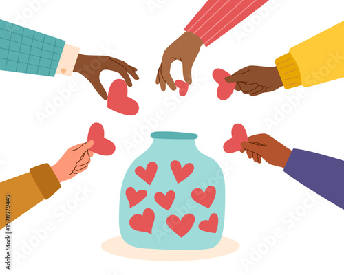 Donation and charity concept banner. Jar with red hearts in it and human hands holding hearts isolated on white. Vector hand drawn template.