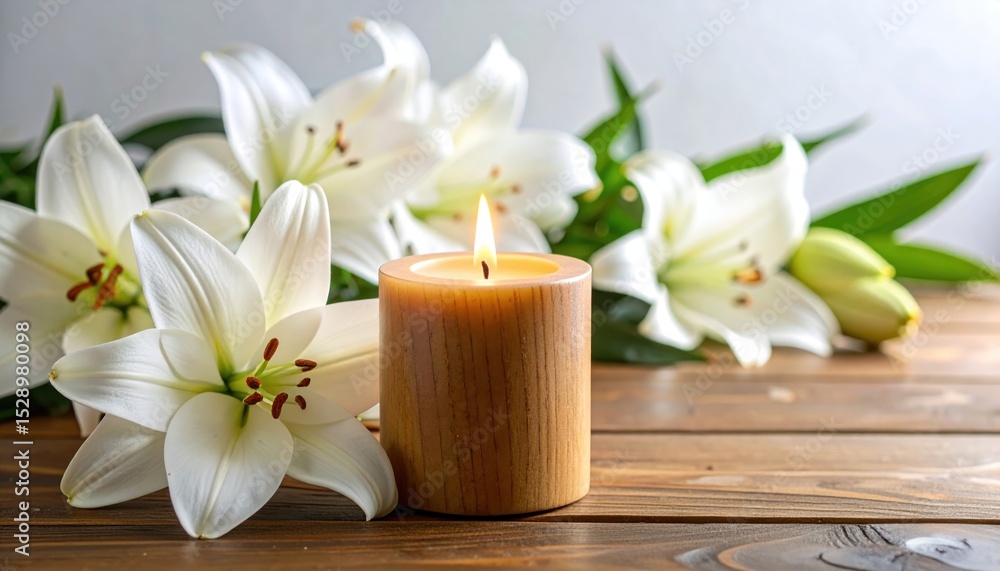 Gentle remembrance arrangement with candle and lilies on wooden surface Gentle remembrance arrangement with candle and lilies on wooden surface